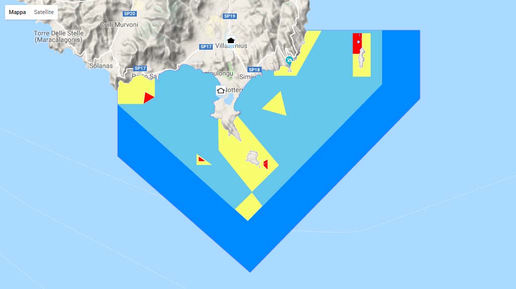 zonas A (rojo), B (en amarillo), C (en azul claro), D (en azul claro),